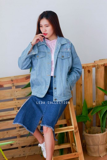 Áo khoác jean trơn thêu hình-Xanh nhạt