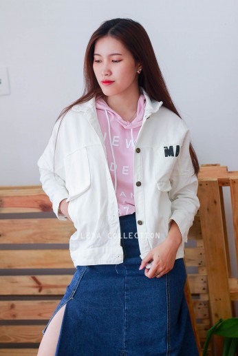 Áo khoác jean in chữ sau-Trắng