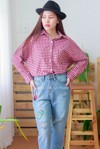 Áo sơmi rách lai-Caro đỏ