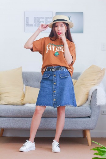 Chân váy jean gài nút-Xanh đậm-M