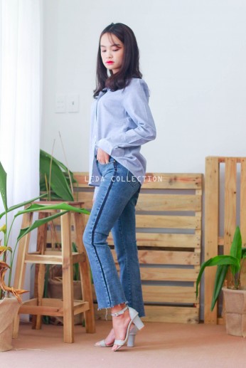 Quần jean viền xanh đậm dài-Xanh đậm-S