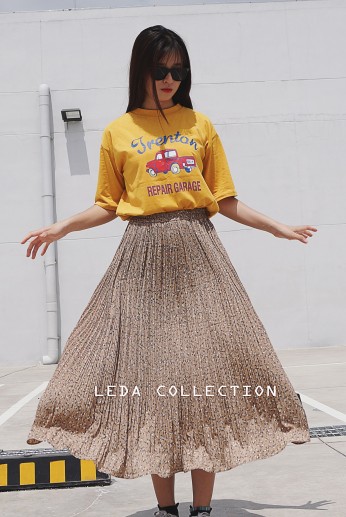 Chân váy maxi xếp ly hoa nhỏ-Nâu nhạt