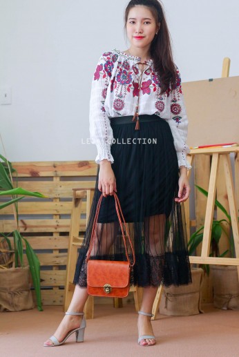 Chân váy maxi ren sọc dọc-Đen