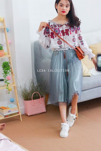 Chân váy maxi khóa tròn-Xám