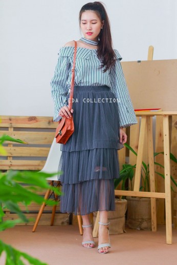Chân váy maxi lưới 3 tầng-Xám đậm
